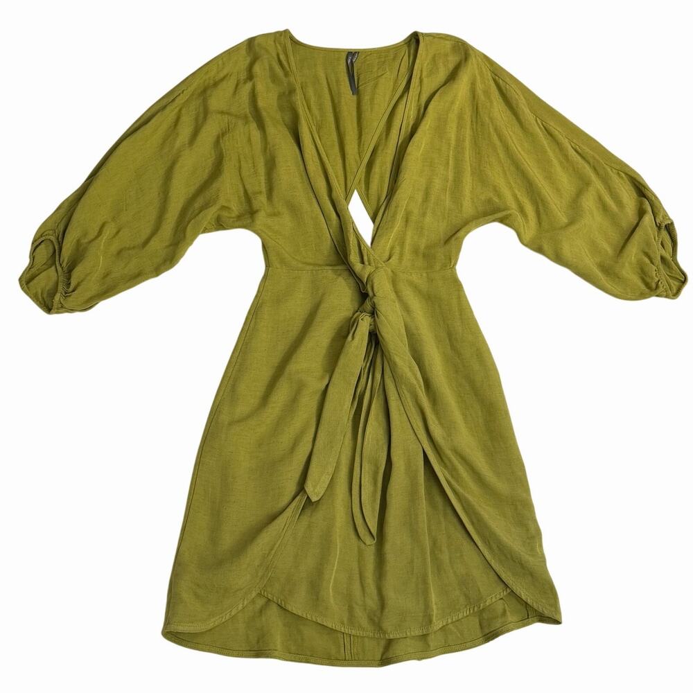 Anthropologie Mini Dress Green Linen Blend Wrap Kimono Dress - Picture 3 of 10